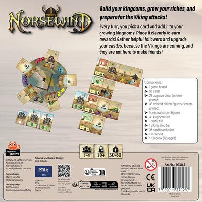 Back of a board game packaging for 'Norsewind' with game components and rules.