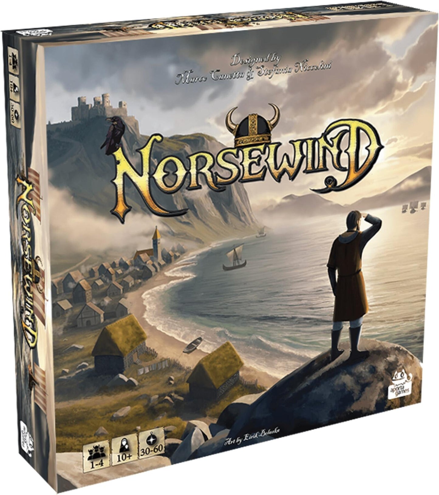 Board game box for 'Norsewind' with a Viking-themed illustration on a mountainous landscape.