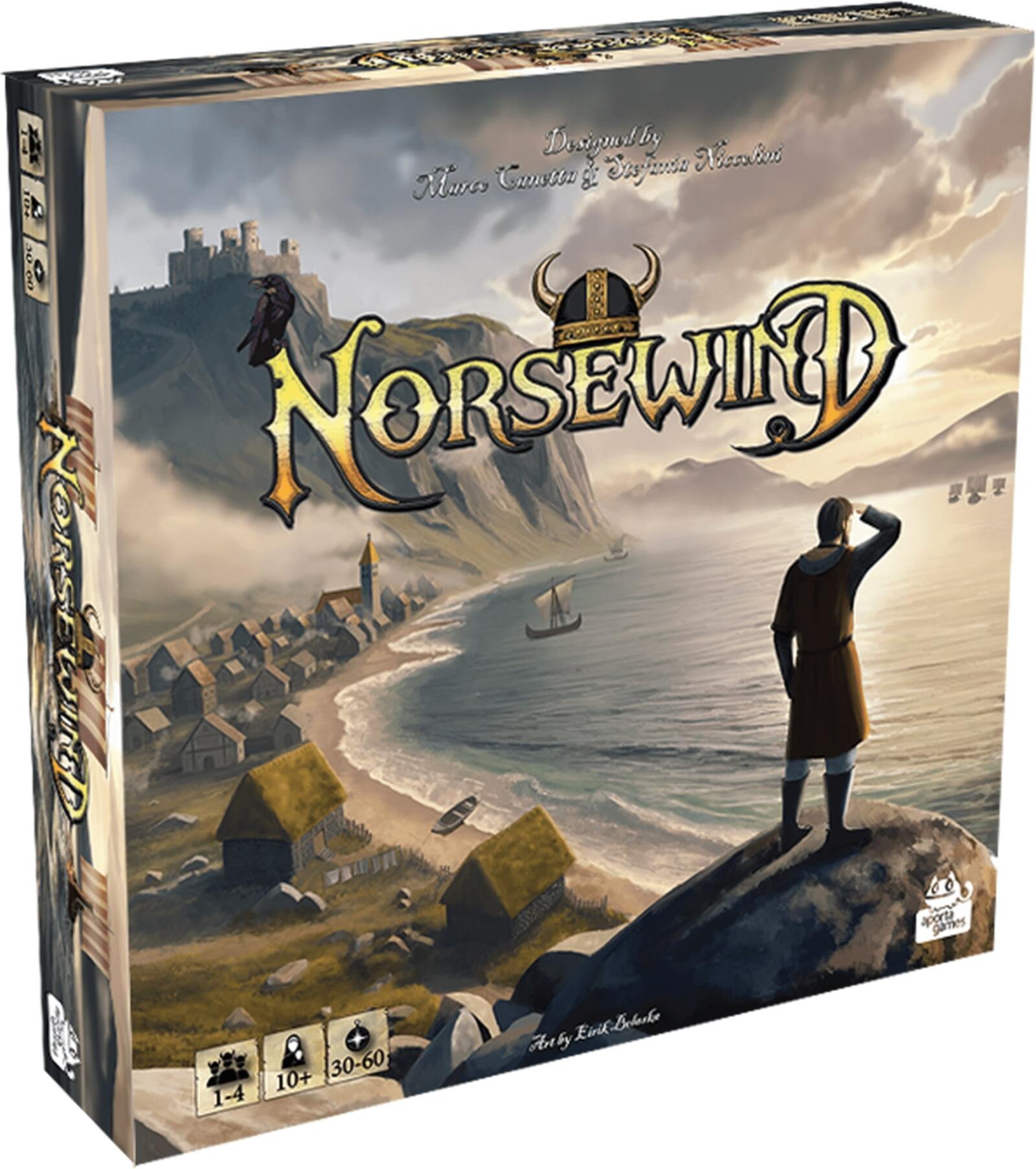 Board game box for 'Norsewind' with a Viking-themed illustration on a mountainous landscape.