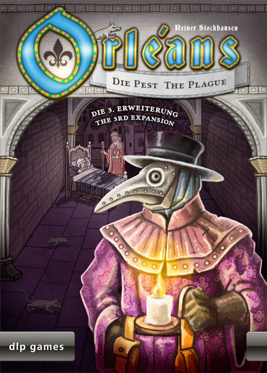 Board game expansion box for 'Orleans: The Plague' with a plague doctor character on a purple background.