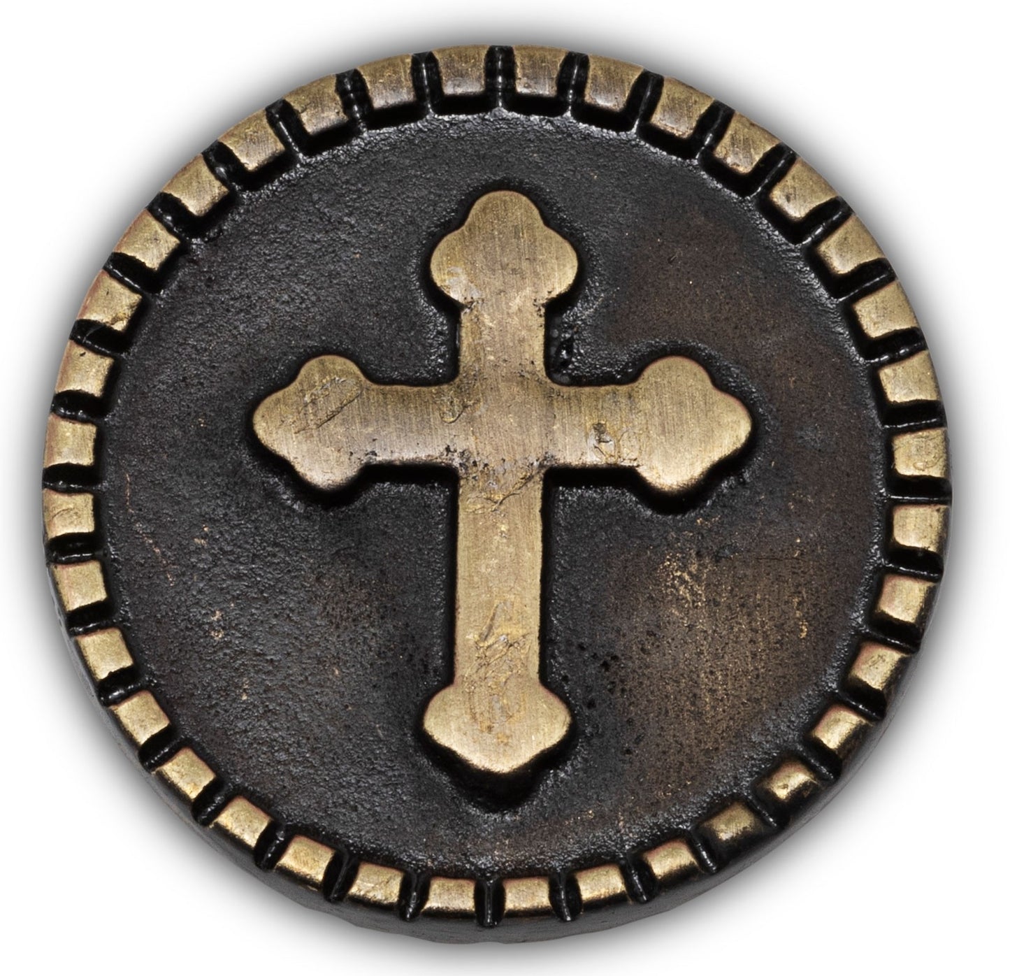 Circular metal coin with a cross symbol and decorative border on a white background