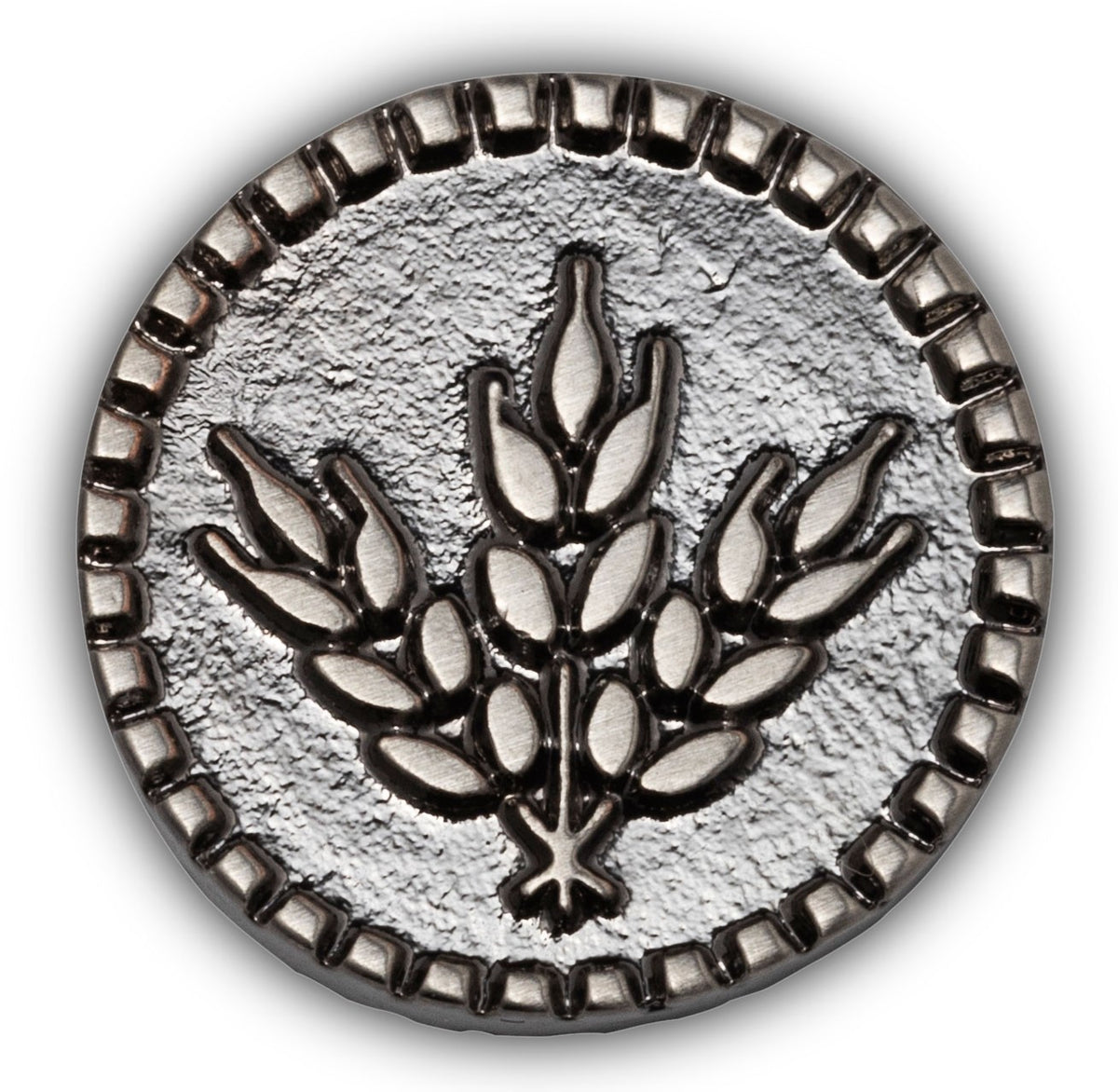 Silver emblem with a leaf design on a white background