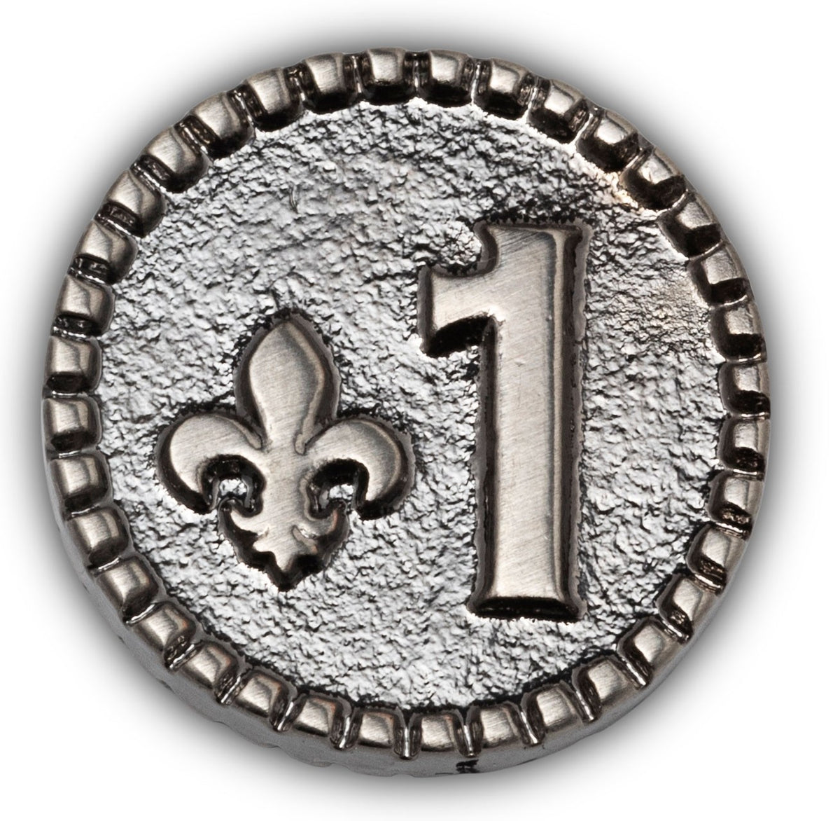 Silver circular object with number '1' and fleur-de-lis design on a white background