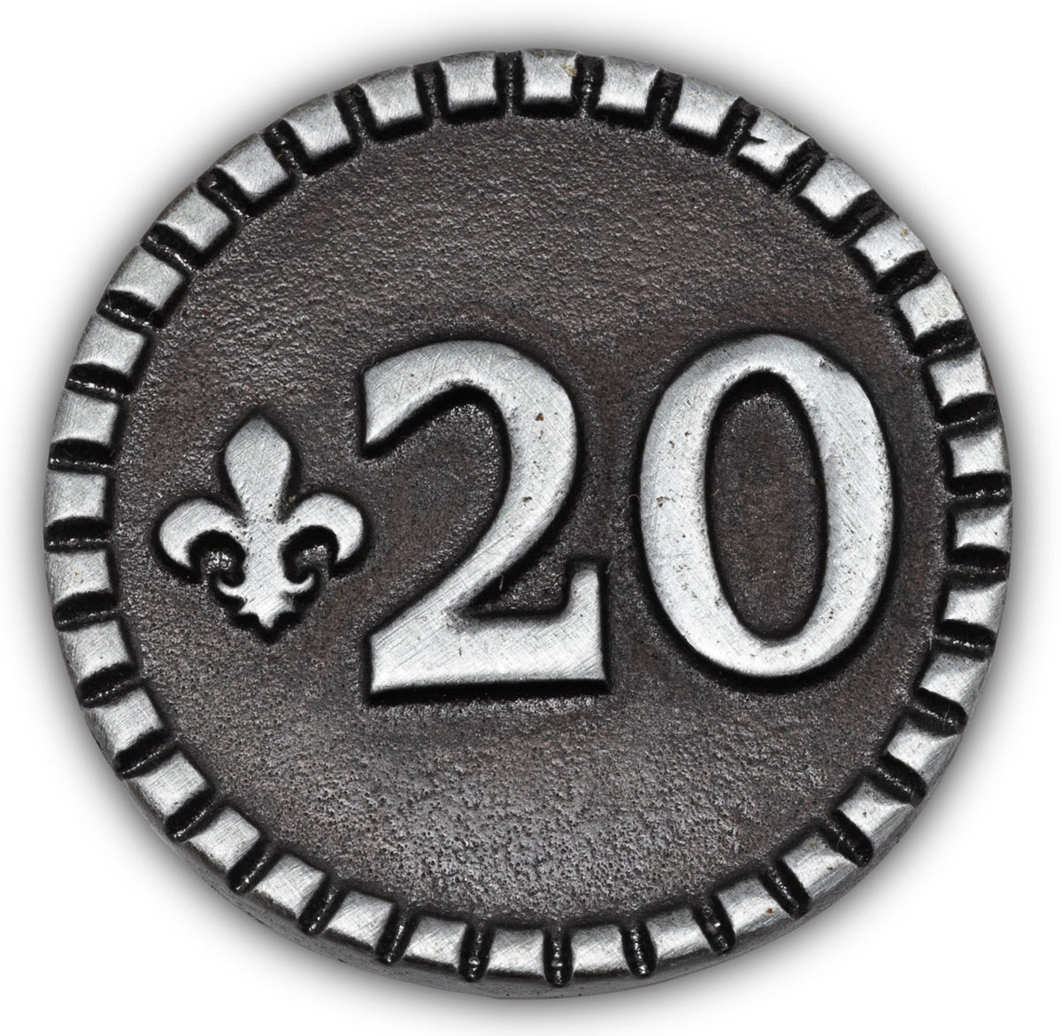 Metallic badge with number 20 and fleur-de-lis symbol on a white background