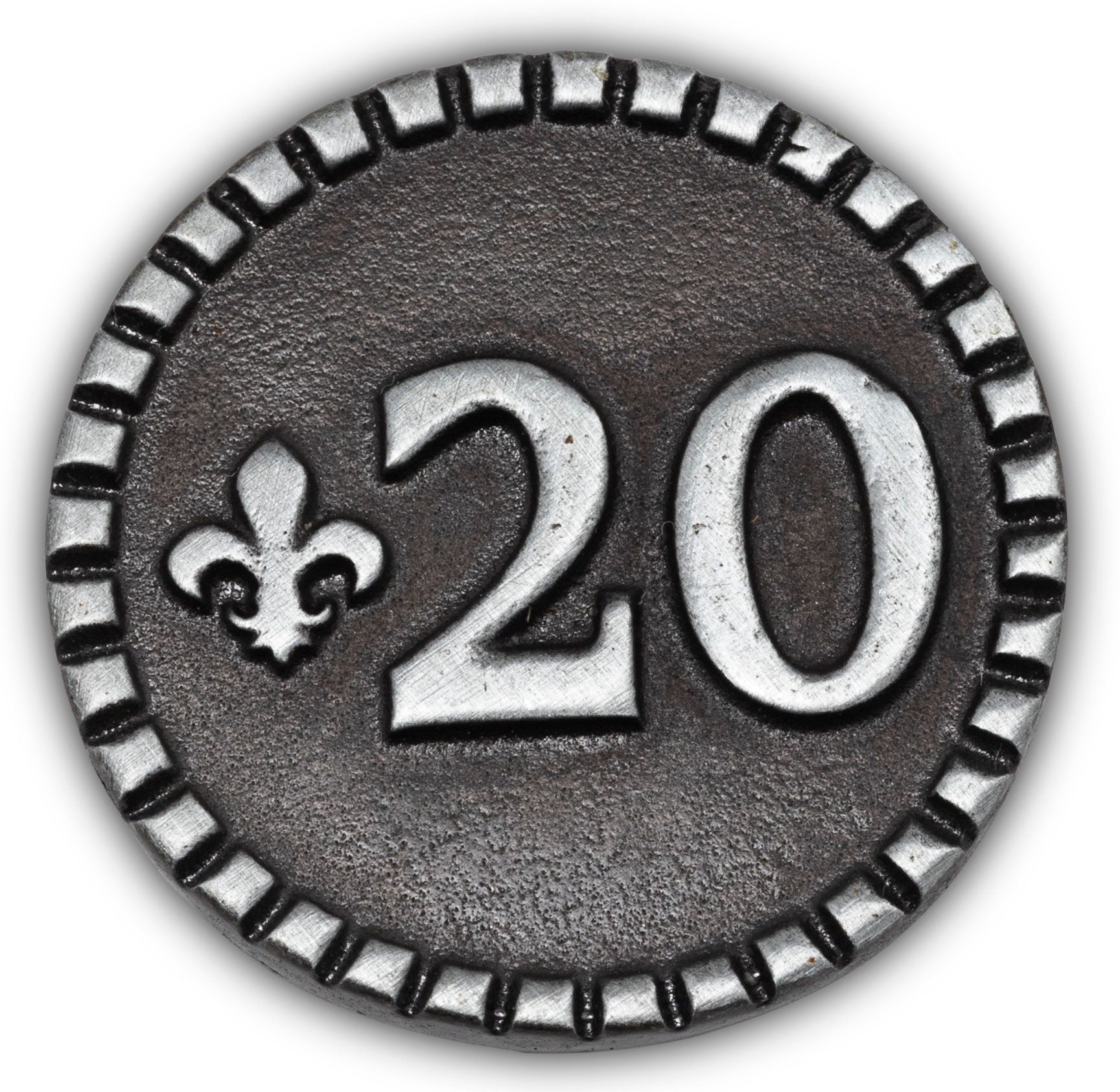 Metallic badge with number 20 and fleur-de-lis symbol on a white background