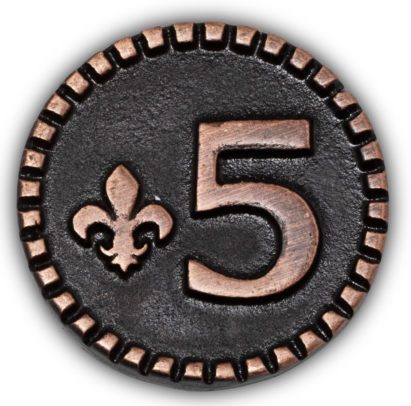 Decorative metal number '5' with a fleur-de-lis symbol on a dark background
