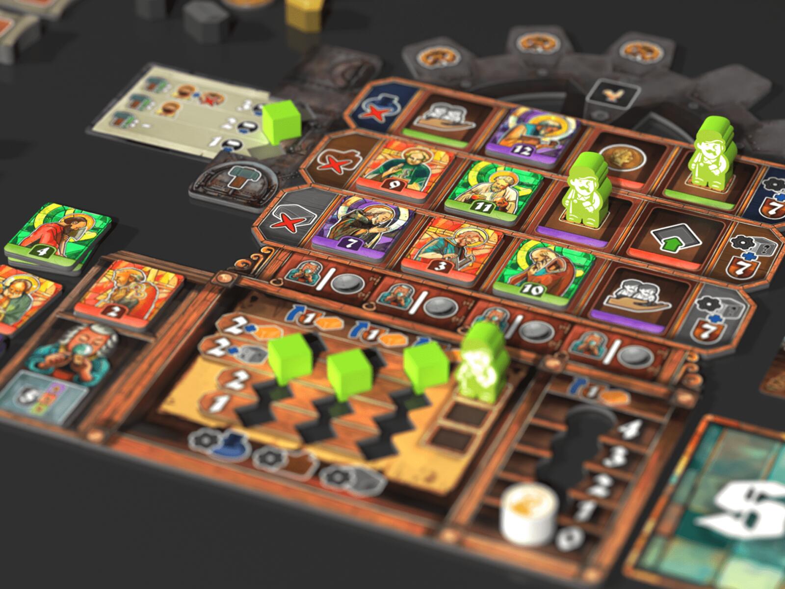 Board game with colorful cards and pieces on a dark surface