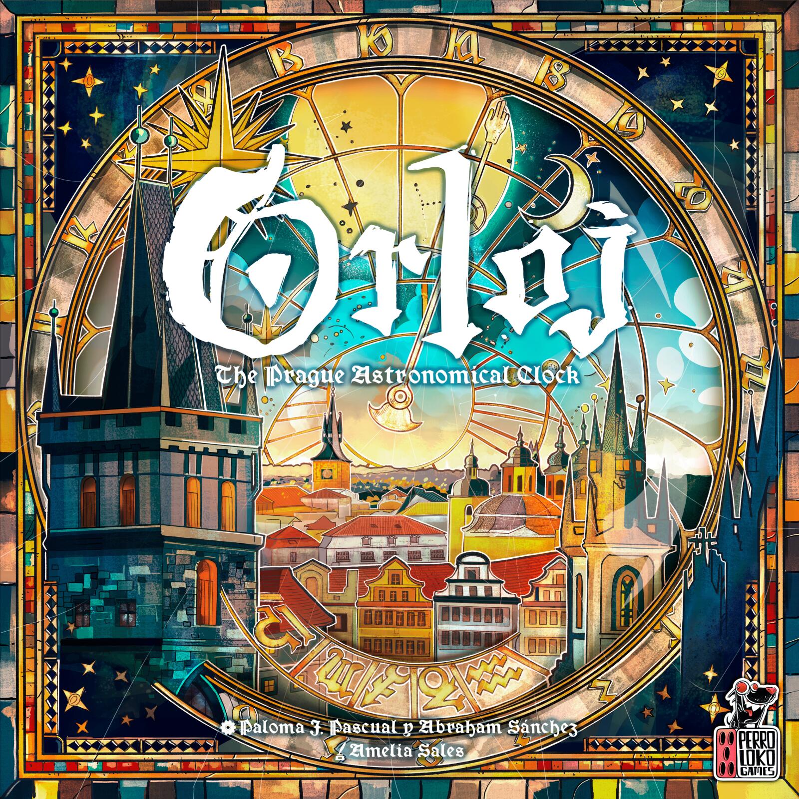 Orloj board game box with astronomical clock design and colorful border