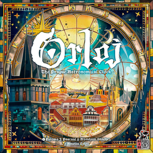 Orloj board game box with astronomical clock design and colorful border