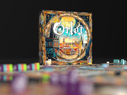 Board game box for 'Orlof' with colorful pieces in the foreground on a black background