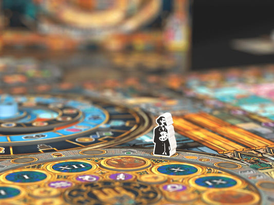 Board game piece on a colorful board with intricate designs