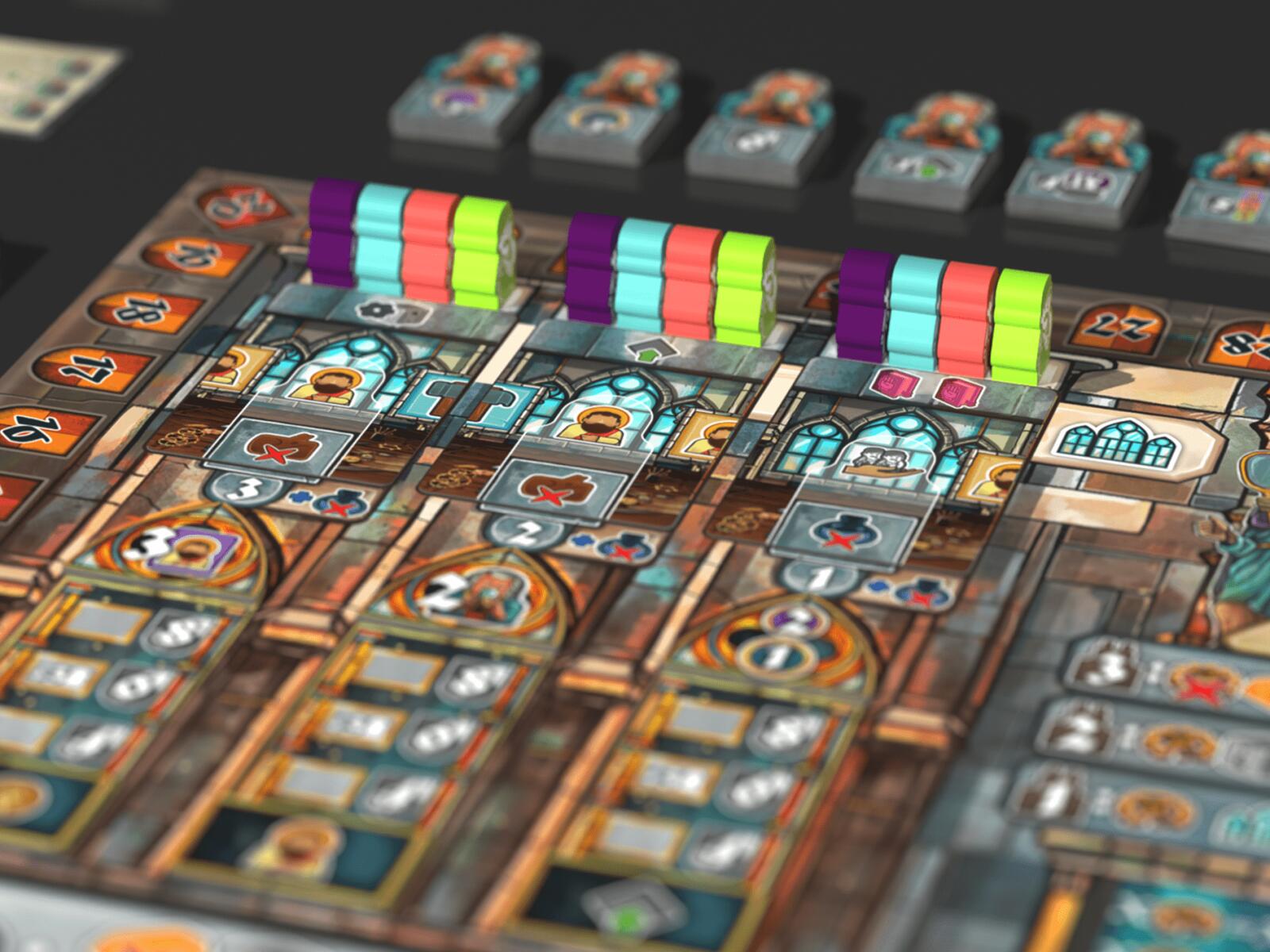 Board game tiles with colorful markers on a dark surface