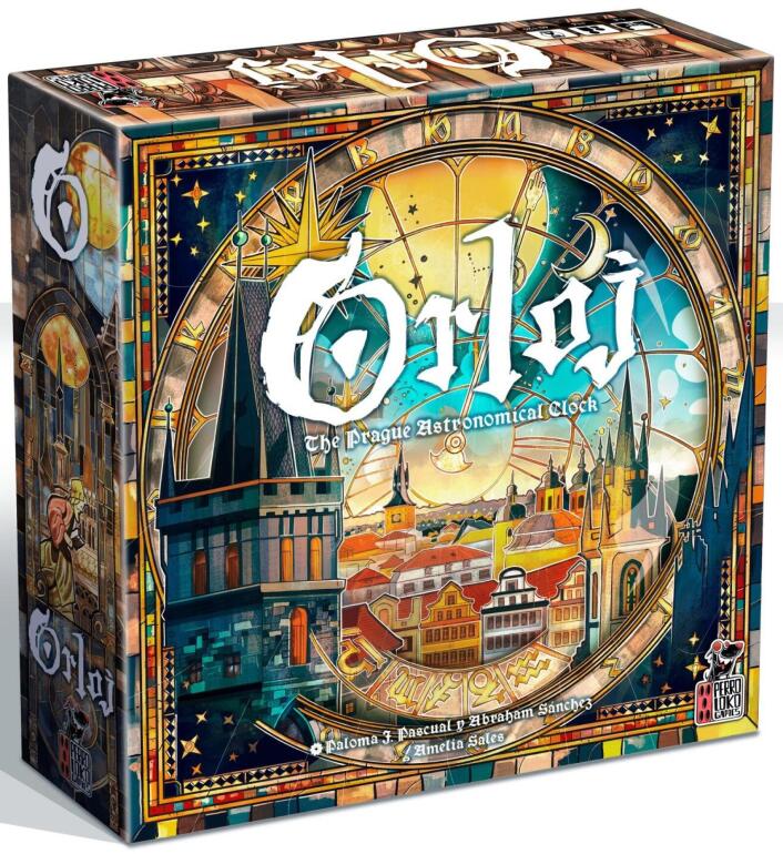 The board game box for 'Orlov: The Prague Astronomical Clock' by Games Workshop, featuring a highly detailed, colorful illustration of the clock mechanism and Prague architecture.