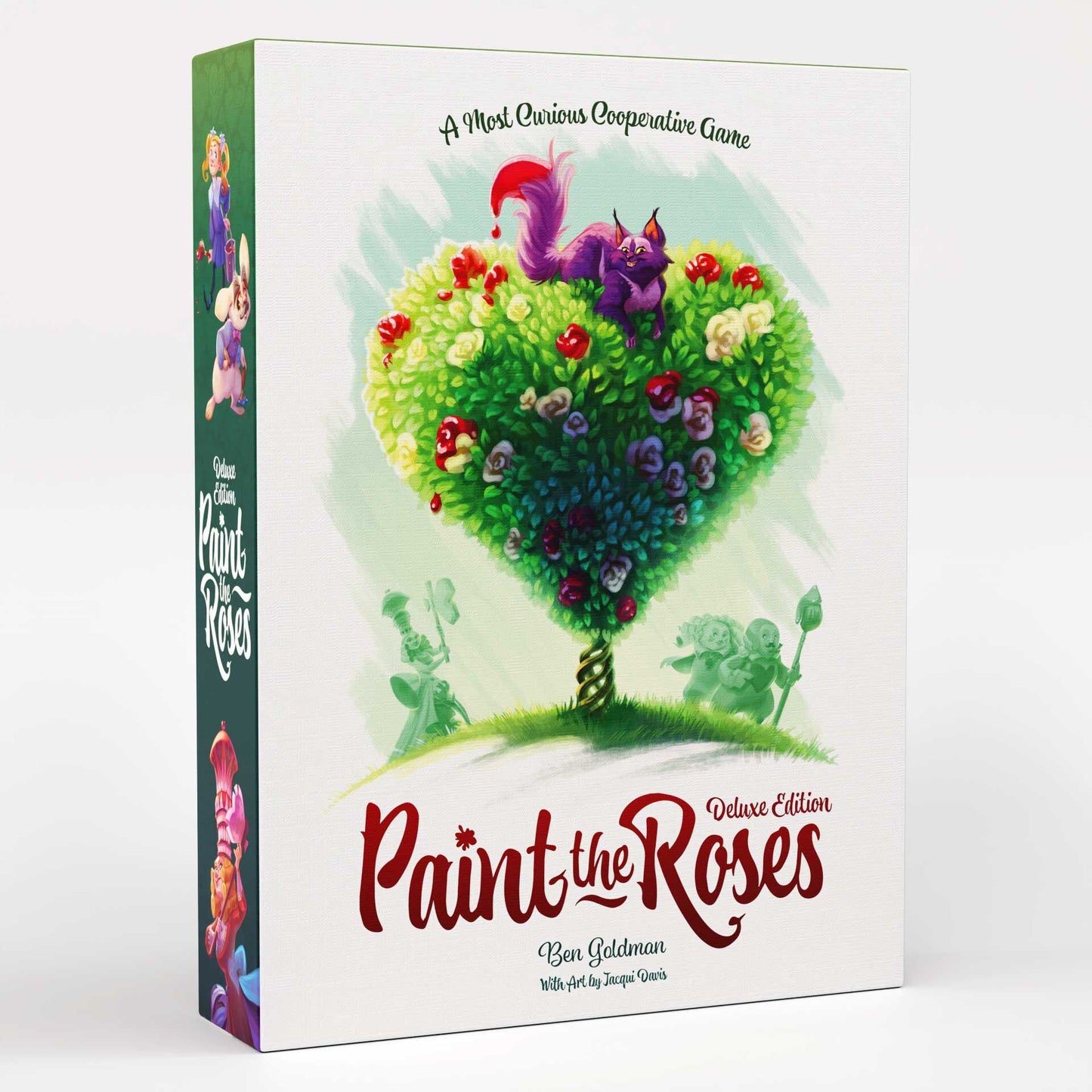 Board game box for 'Paint the Roses' with a heart-shaped bush design on a white background