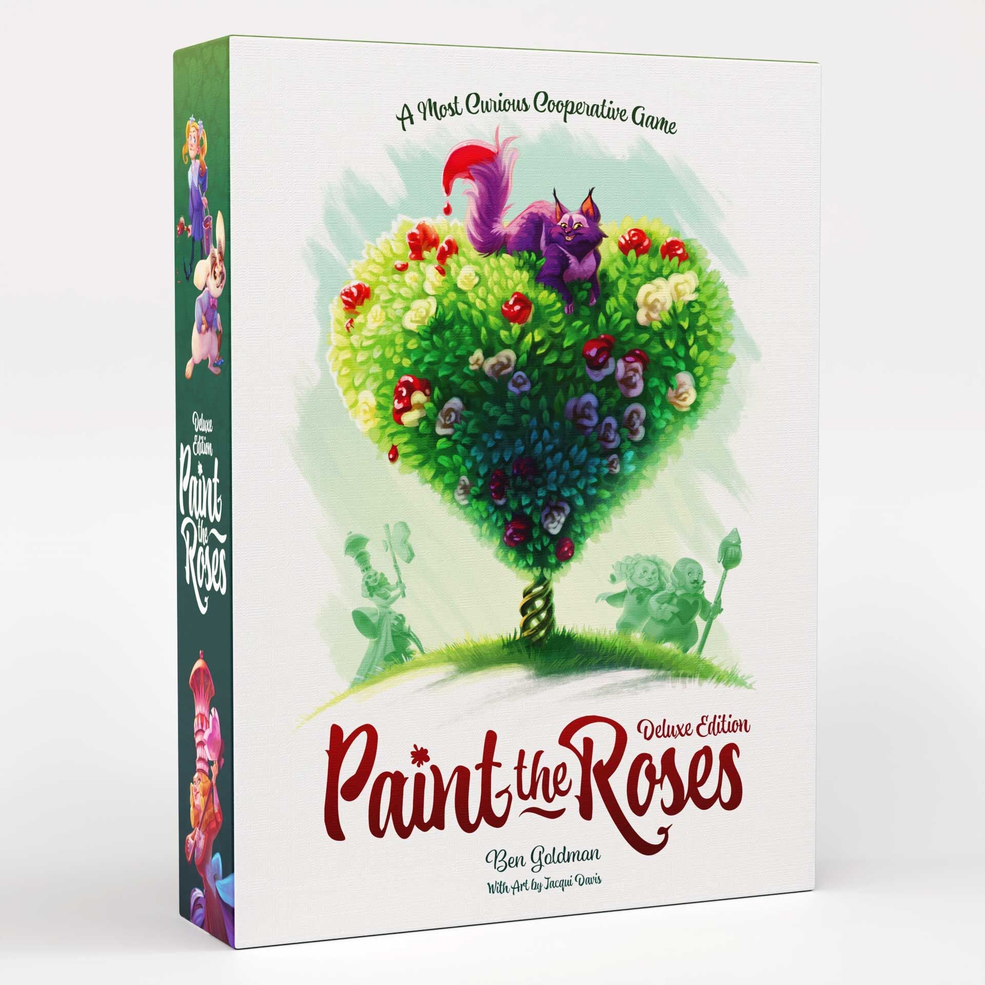 Board game box for 'Paint the Roses' with a heart-shaped bush design on a white background