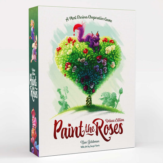 Board game box for 'Paint the Roses' with a heart-shaped bush design on a white background