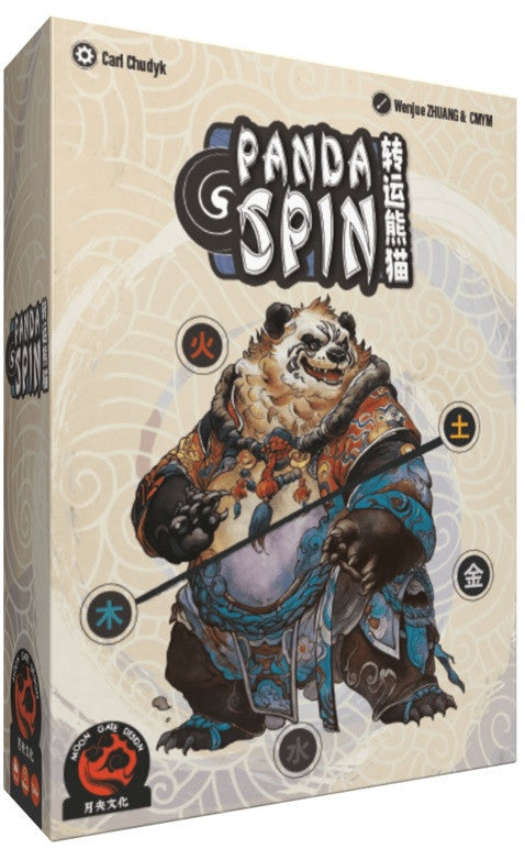Board game box titled 'Panda Spin' with a stylized panda design on a beige background.