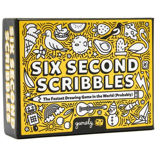 Box of 'Six Second Scribbles' game with black and white illustrations on a yellow background