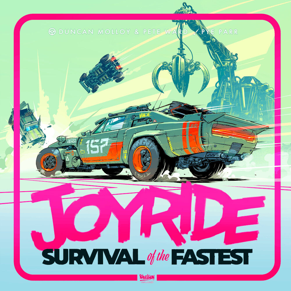 Cover of 'Joyride: Survival of the Fastest' with a futuristic car and mechanical elements on a green and pink background.