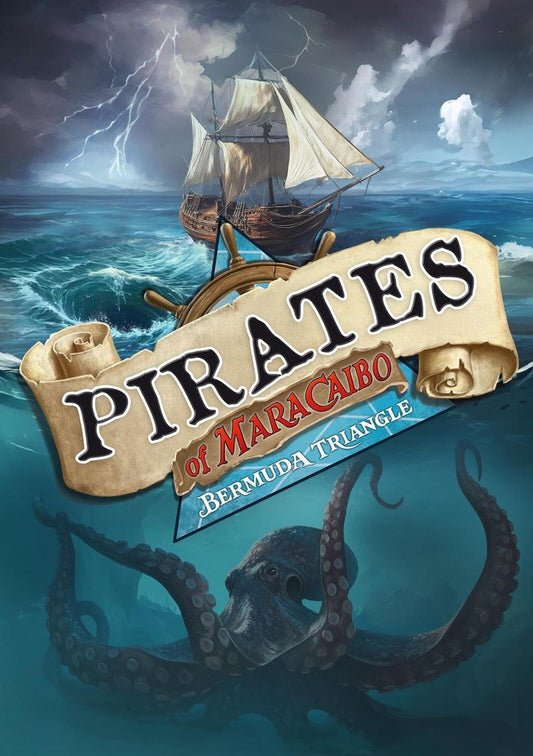 Pirates of Maracaibo Bermuda Triangle title card with ship, octopus, and stormy sea.
