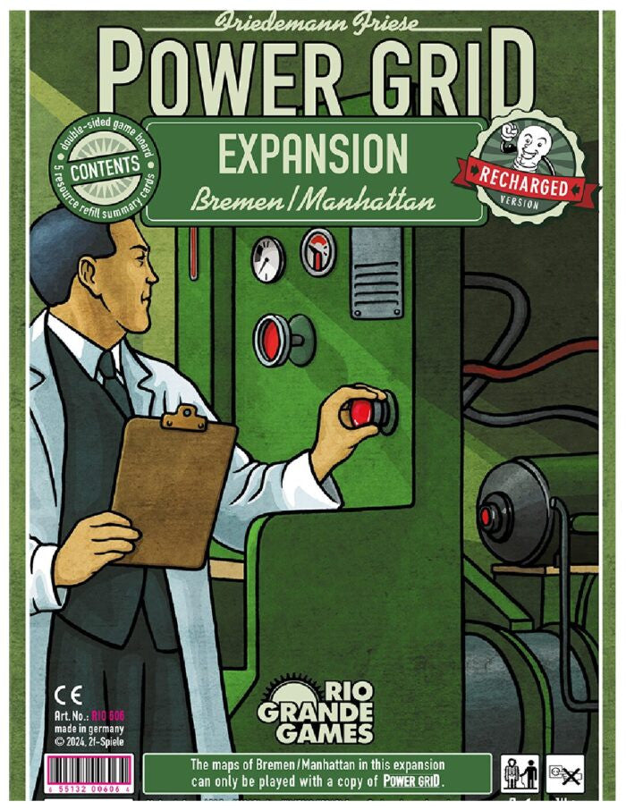 Power Grid Expansion Bremen and Manhattan packaging with a scientist character and game branding.