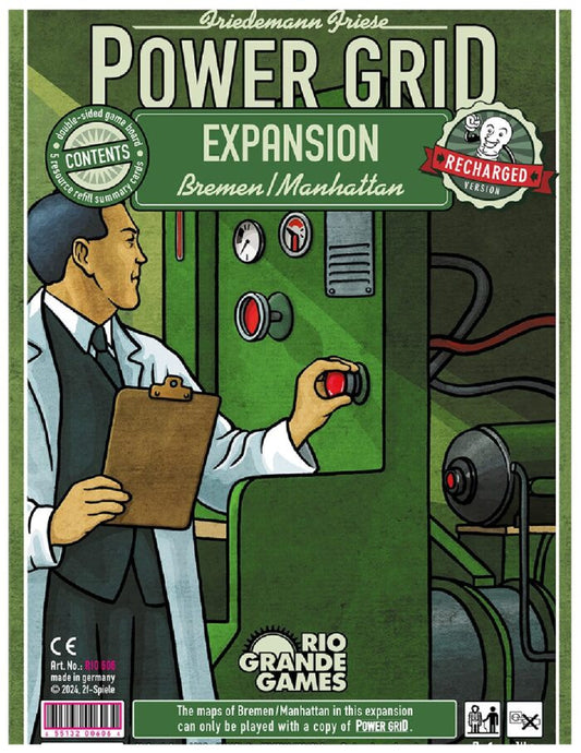 Power Grid Expansion Bremen and Manhattan packaging with a scientist character and game branding.