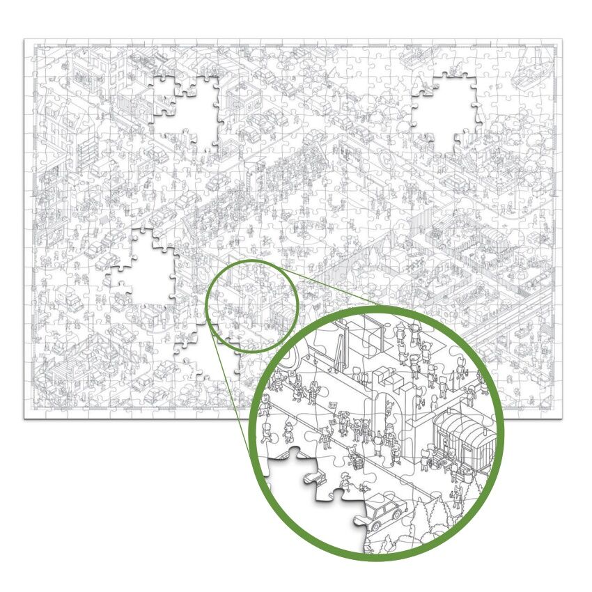 Jigsaw puzzle with a detailed cityscape design, showing a completed section.