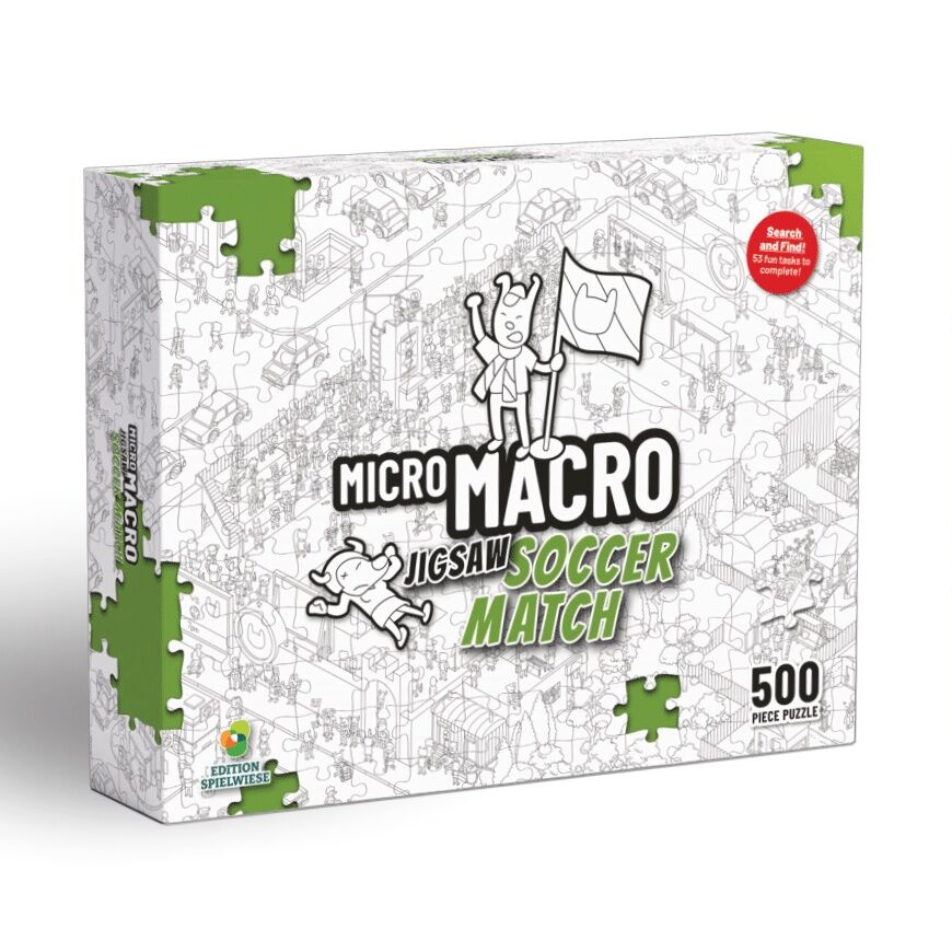 Box of Micro Macro Jigsaw Soccer Match puzzle with branding and piece count on a white background