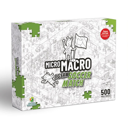 Box of Micro Macro Jigsaw Soccer Match puzzle with branding and piece count on a white background