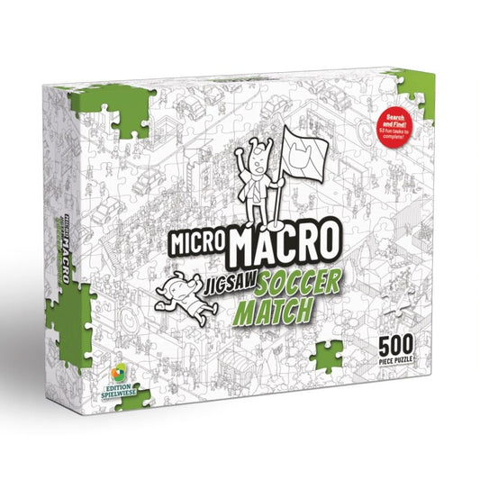 Box of Micro Macro Jigsaw Soccer Match puzzle with branding and piece count on a white background