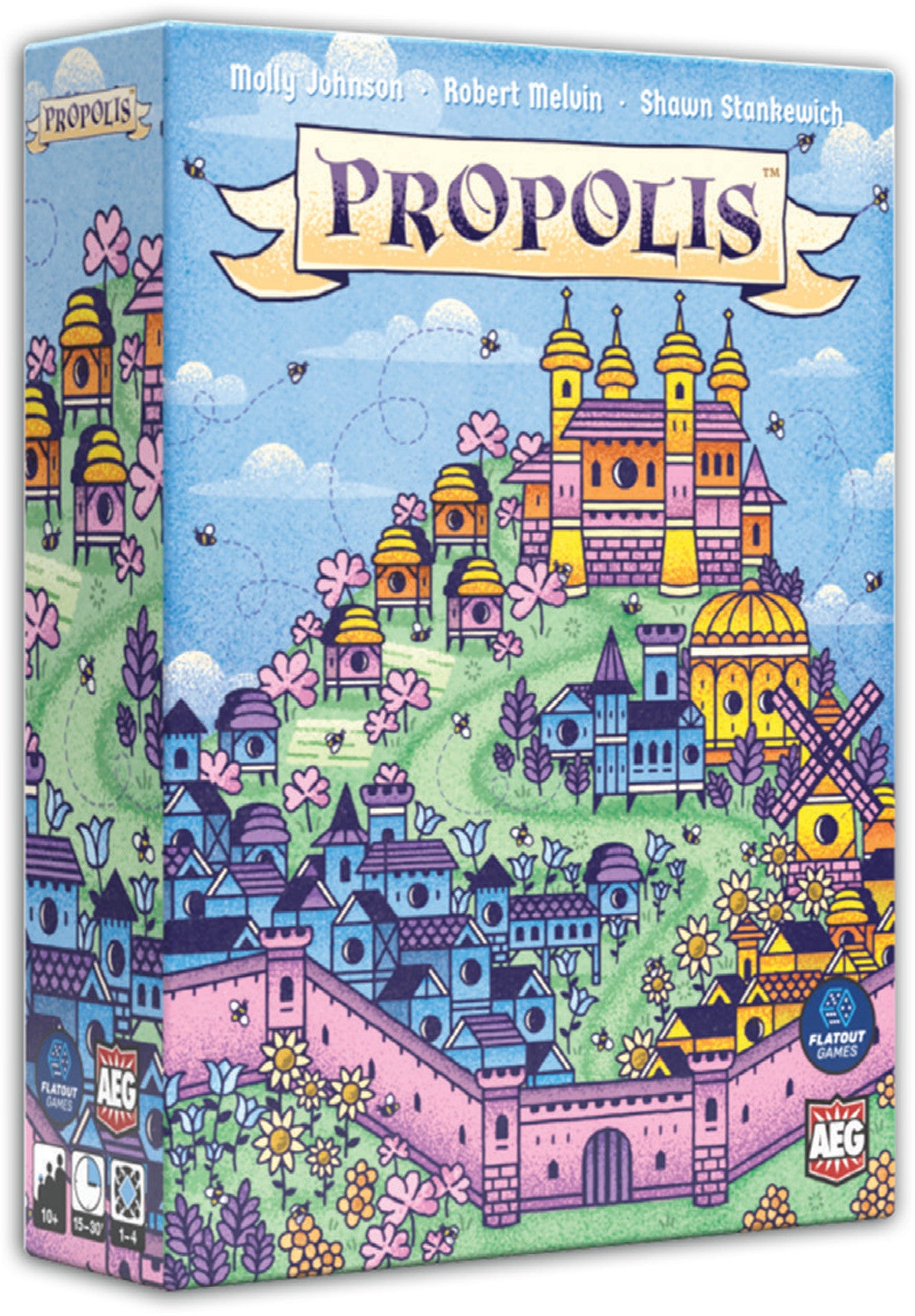 Board game box for 'Propolis' with colorful illustrations of a village and honeycomb design.