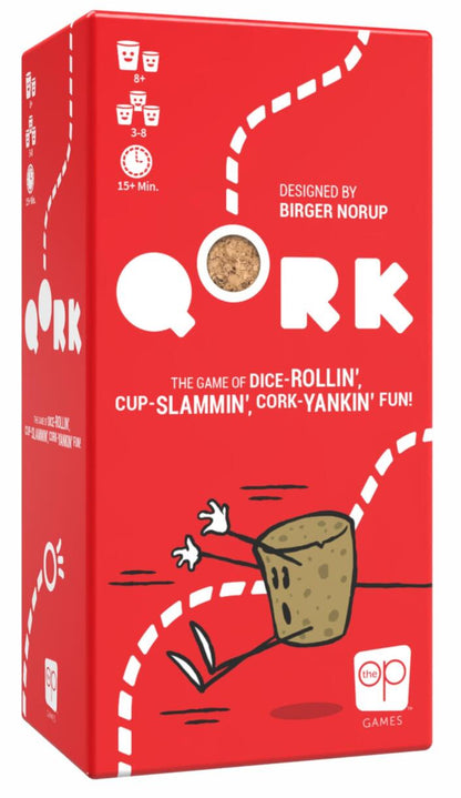 Red box of Qork game with white text and graphics on a white background