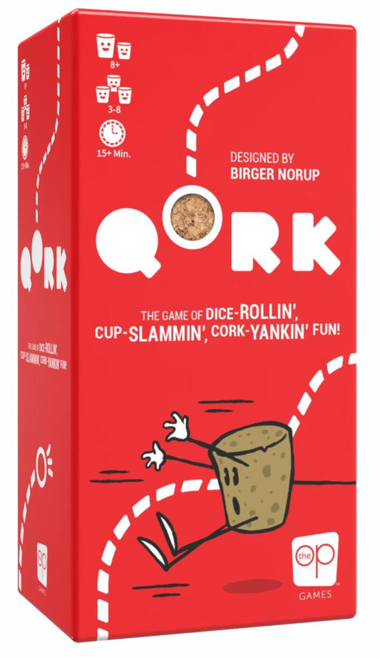 Red box of Qork game with white text and graphics on a white background