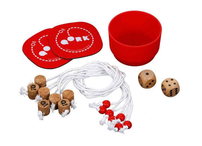 Set of beer pong accessories including cups, balls, and dice on a white background