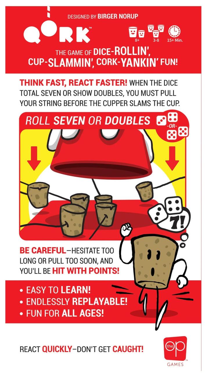 Game box for 'Qork' with cartoon cups and dice, featuring text and branding.