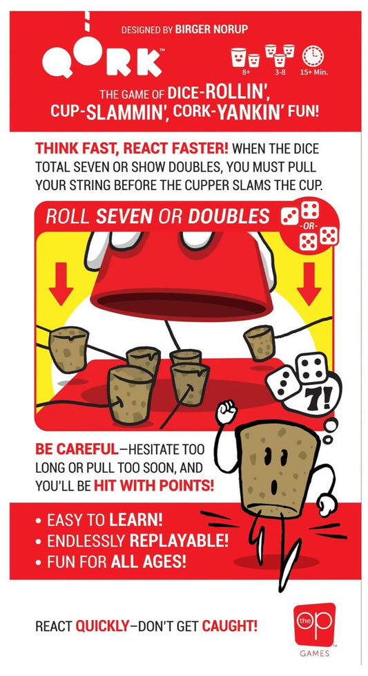 Game box for 'Qork' with cartoon cups and dice, featuring text and branding.