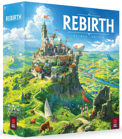 Board game box for 'Rebirth' with a colorful illustration of a castle on a hill.