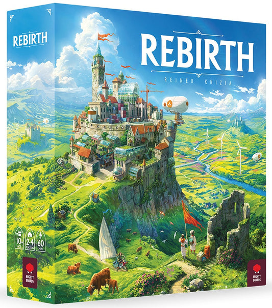 Board game box for 'Rebirth' with a colorful illustration of a castle on a hill.