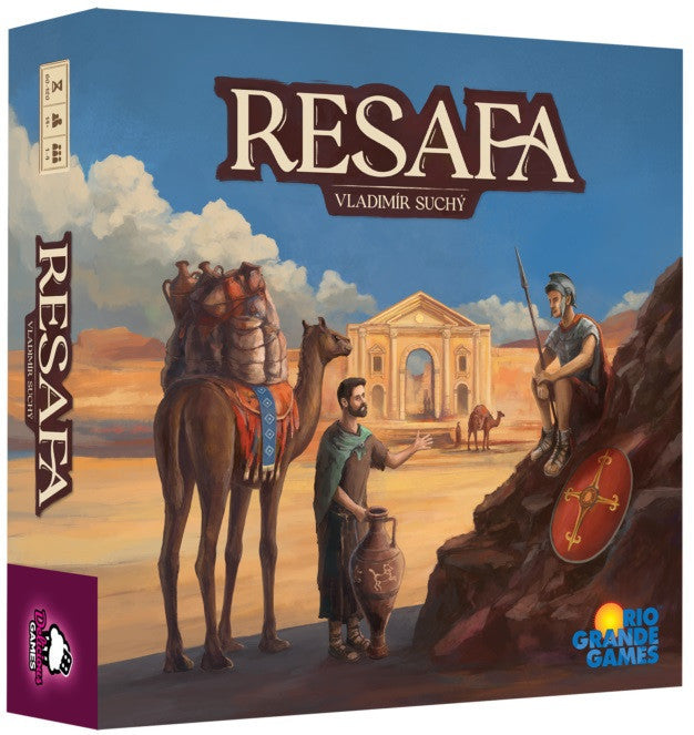 Board game box for Resafa by Vladimir Suchy, published by Bio Grande Games. The box art depicts a desert scene with a camel, a man carrying a pot, a warrior on a rock, and a sandstone temple under a blue sky.