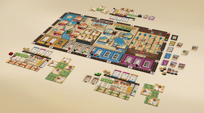 Resafa Board game with various pieces and cards on a beige surface