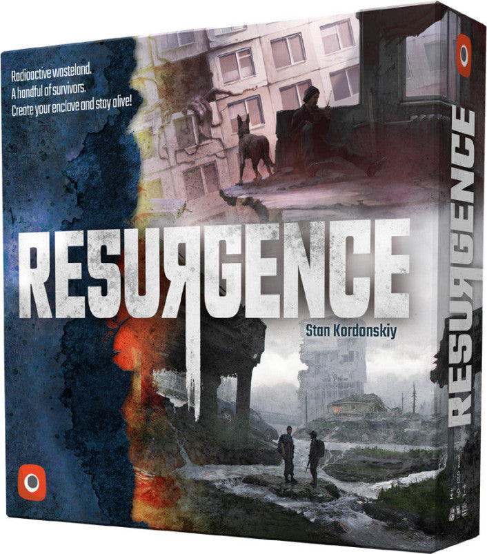 Board game box for 'Resurgence' with dystopian art and text.