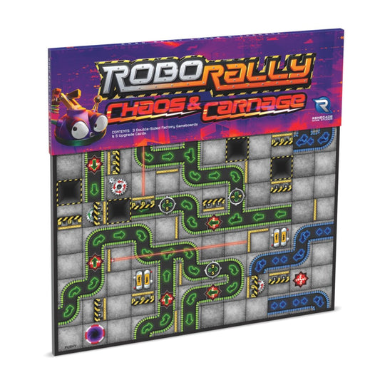 RoboRally Chaos & Carnage game box with colorful design and track layout.