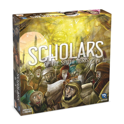 Board game box titled 'Scholars of the South Tigris' with illustrated characters on a white background