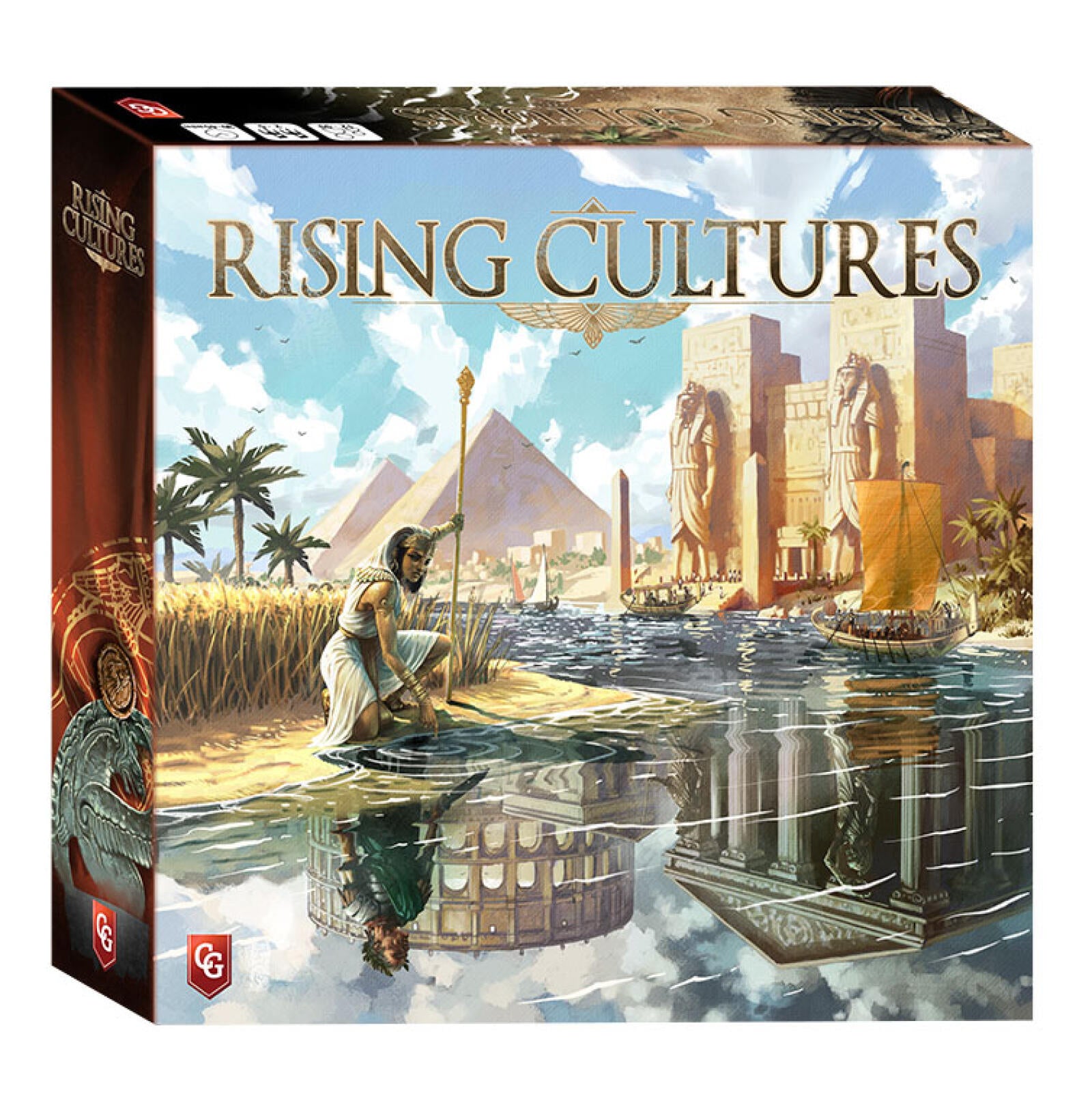 Board game box for 'Rising Cultures' with ancient Egyptian-themed artwork.