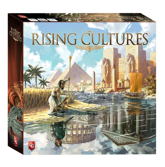 Board game box for 'Rising Cultures' with ancient Egyptian-themed artwork.
