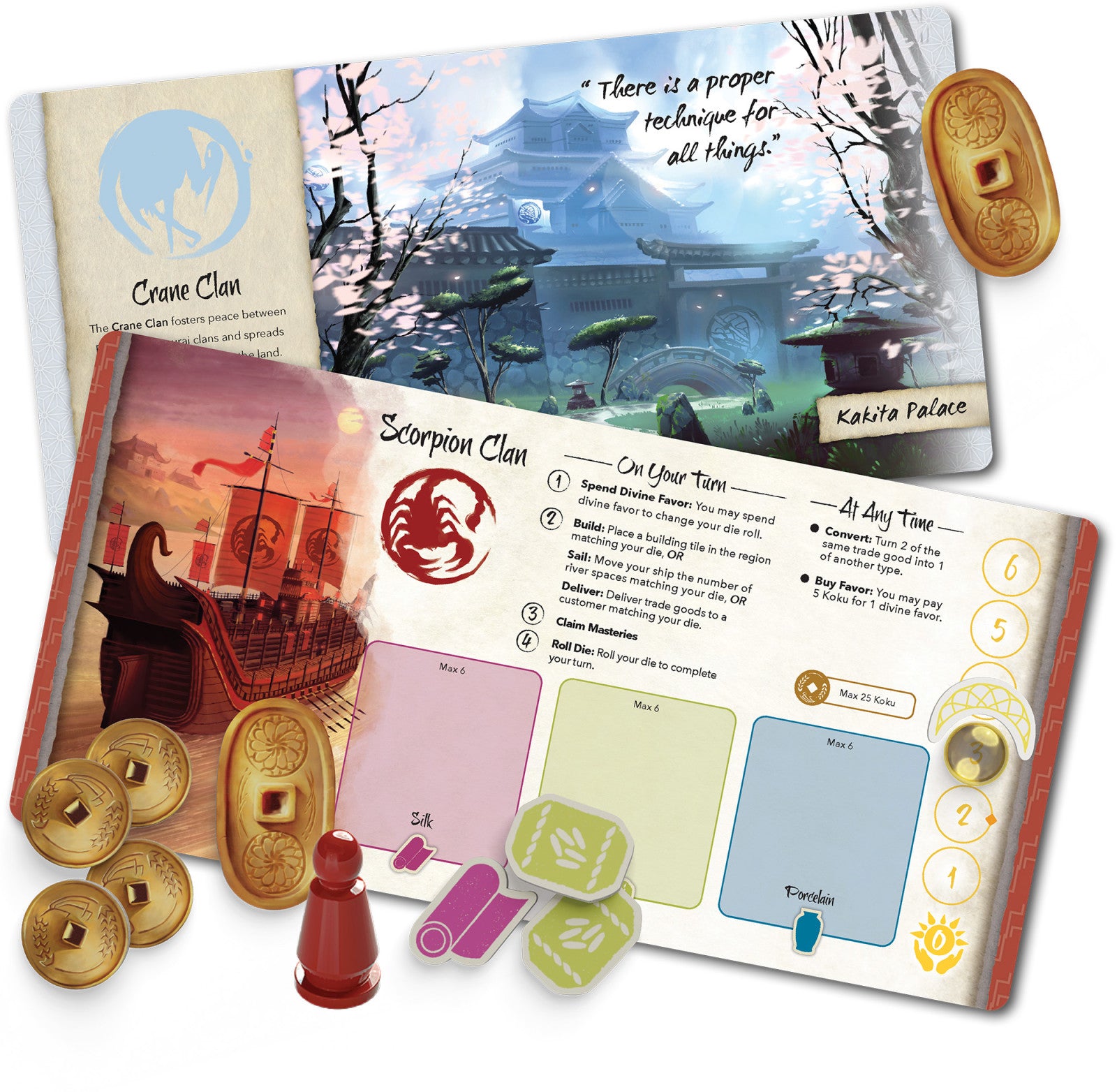 River of Gold Board game components including cards, tokens, and a scenic illustration on a white background
