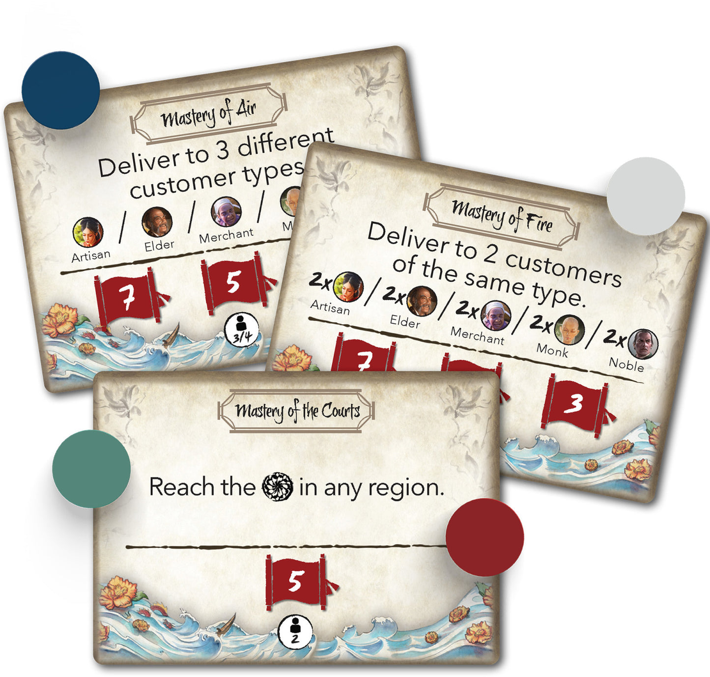 Three game cards with different missions on a white background