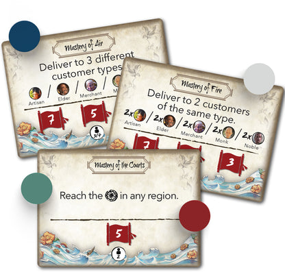 Three game cards with different missions on a white background