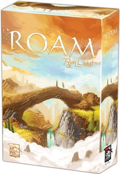 Board game box titled 'Roam' with mountain and bridge design on a white background