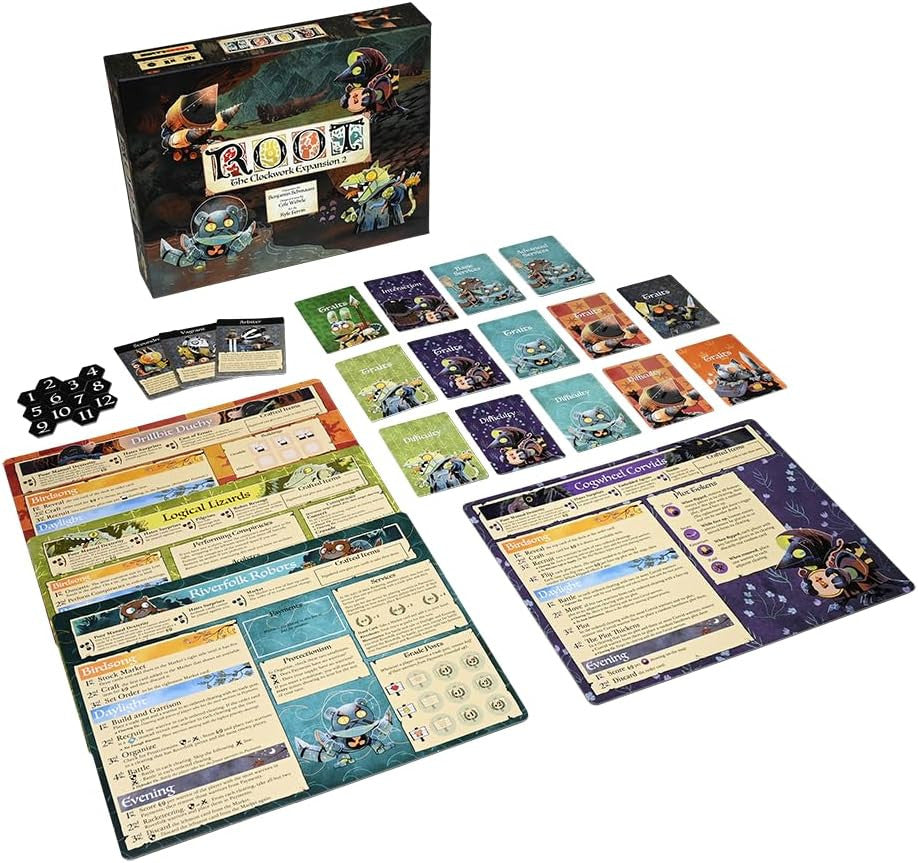 Root clockwork 2 Board game components including cards and a map on a white background